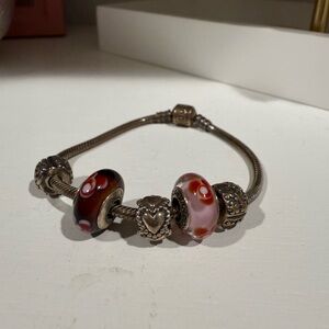 PANDORA Silver Bracelet with Red and Pink Charms